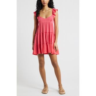 BP. Floral Flutter Sleeve Cotton Blend Mini Sundress in Pink Ribbon at Nordstrom, Size Xx-Small