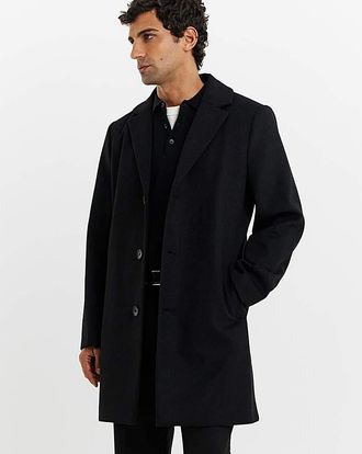 Jacamo Black Wool Blend Mid Length Overcoat
