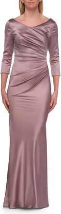 La Femme Satin Three Quarter Sleeve Draped Evening Gown in Taupe at Nordstrom, Size 10