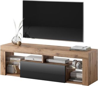 Selsey Selsey - Bianko - Mueble Tv - Para La Sala De Estar - 140 Cm De Ancho - Roble Lancaster / Negro Brillo - Moderno