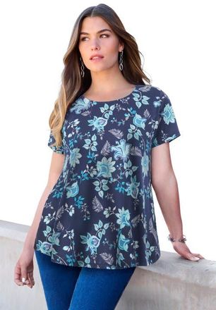 Roaman's Plus Size Ultimate Cotton Crewneck Short Sleeve Swing Tee in Ocean Delicate Batik at Nordstrom, Size Medium