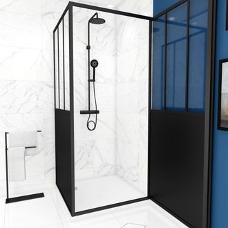 Aurlane Pack Puerta Pivotante De Vidrio Templado 5 Mm + Panel De Aluminio + Plato De Ducha Blanco 90x90