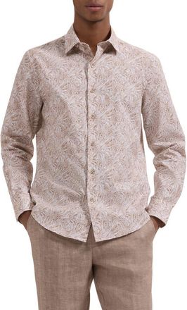 Bugatchi Julian Shaped Fit Abstract Leaf Print Cotton Button-Up Shirt in Taupe at Nordstrom, Size Xxx-Large
