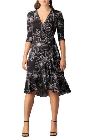 Kiyonna Flirty Flounce Midi Wrap Dress in Black Florals at Nordstrom, Size X-Large