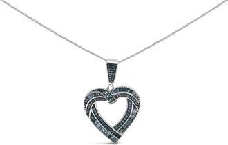 House of Brilliance 925 Sterling Silver 1.00 Cttw Baguette and Round Blue Diamond Open Heart Pendant Necklace
