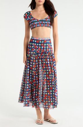 Hutch Maeden Floral Cover-Up Midi Skirt in Gingham Tomatoes Blue/green at Nordstrom, Size X-Large