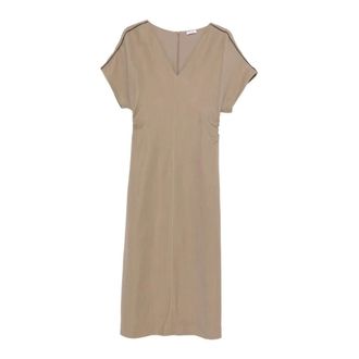 Brunello Cucinelli Brunello Cucinelli, Midi Dresses, female, Beige, Size: L V-neck Detailed Midi Dress