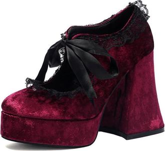 Generic Womens Velvet Platform Goth Mary Jane Pumps Chunky Ultra High Heels Round Toe Lace Bowknot Dress Punk Shoes for Party (5.5,Red)