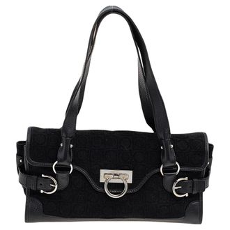 Ferragamo Black Gancini Velvet And Leather Shoulder Bag