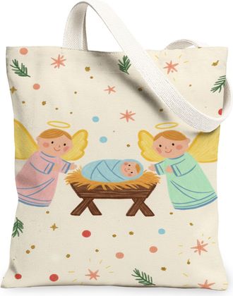 Generic Christmas Angels Canvas Tote Bags, Festive Holiday Design Lightweight Reusable Grocery Bags, Cute Retro Washable Shoulder S, Cream, 13x15 Inch