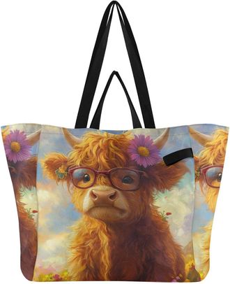 Generic Yellow Cow Glasses pattern Reusable Canvas Tote Bag, Heavy Duty Grocery Shopping Bag with Hard Bottom Double Handles Large Capacity Work Groceries Tra