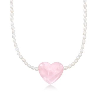 Ross-Simons 4-4.5mm Cultured Pearl and Rose Quartz Heart Necklace With 18kt Gold Over Sterling