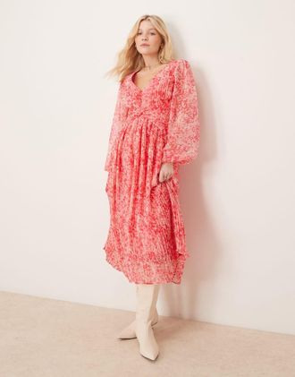 Pretty Lavish Vestito lungo a pieghe rosa con stampa con stampa astratta a fiori e corpino attorcigliato