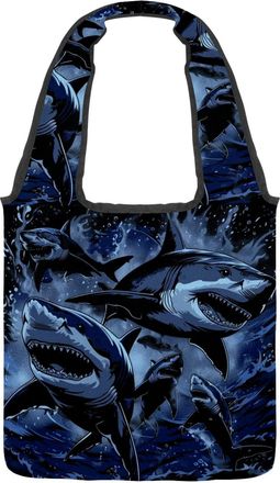 Generic Sharks Swimming Black Reversible Canvas Shoulder Tote - Double-Sided Print, 12oz Cotton, 27cm Drop, Fold-Flat Bag for Travel, Shopping, Street Outings