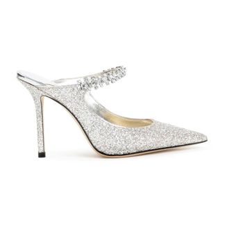 Jimmy Choo London Schoenen, Dames, Grijs, 37 EU, Leer, Metallic Slippers met Strass Versiering