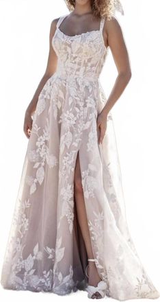 Allure Bridals Beaded Lace A-Line Gown In Mocha/champagne/lavender/ivory/nude