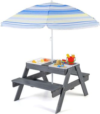 Costway Costway 4 En 1 Mesa Picnic Infantil, Mesa Picnic Madera Con 3 Contenedores Y Tapas Extra&iacute;bles, Sombrilla Plegable Y Ajustable, Set Infantil De Mesa Y 
