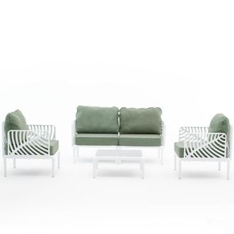 Siediti Fuori e Dentro Conjunto de jard&iacute;n deluxe en resina blancas y cojines pistacho