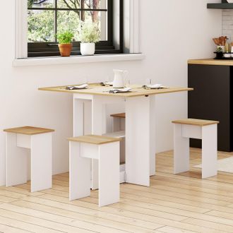 IDMarket Edi Consola Plegable Para 2-4 Personas De Madera Blanca Con Tablero De Haya Y 4 Taburetes
