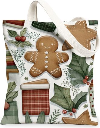 Generic Christmas Gingerbread Canvas Tote Bags, Holiday Biscuits Pattern Reusable Bags, Vintage Lightweight Washable Shoulder Strap, White, 13x15 Inch