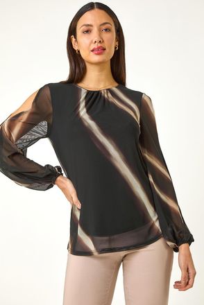 Roman Stripe Print Mesh Overlay Top