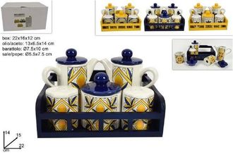 Trade Shop Trade Shop - Set 5 Pz Menage In Ceramica Decorata Fantasia Maiolica Con Espositore Supporto