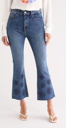 Desigual Floral Embroidered Raw Hem Crop Flare Leg Jeans in Medium Blue at Nordstrom Rack, Size 36