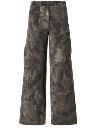 Pinko Wide-Leg Cotton Pants with Floral Camouflage Print