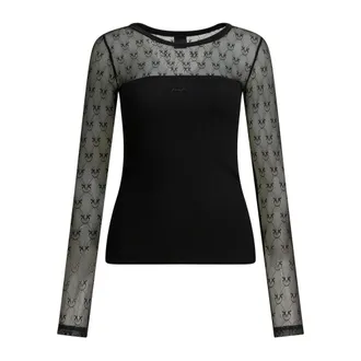 Pinko Pinko, Tops, Dames, Zwart, S, Katoen, Lange Mouwen Kant Top met Geribbelde Bodice