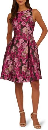 Adrianna Papell Metallic Floral Jacquard Fit & Flare Dress in Pink/Black Multi at Nordstrom, Size 10