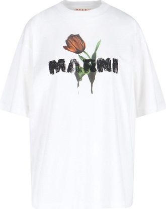 Marni White Cotton T-Shirt With Tulip Print