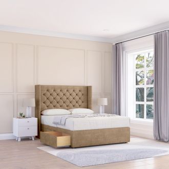 Sloomy Dior Naples Wingback Bed Set, 2 Drawers & 54 Floor Standing Headboard in Light Brown | Size: Small Double