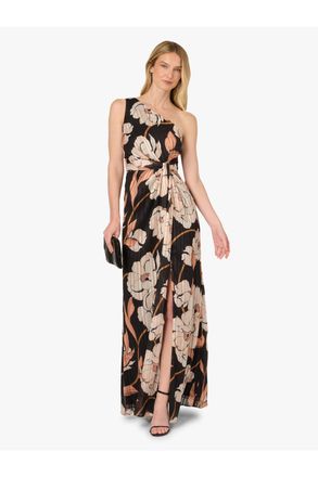 Adrianna Papell Womens Draped Floral Ribbon Gown - Black - Size 16 UK