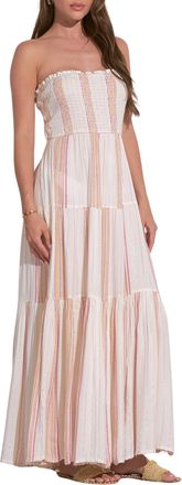 Elan Womens Strapless Tie-Back Smocked Bodice Cover-Up Maxi Dress, White Pink Stripe, L