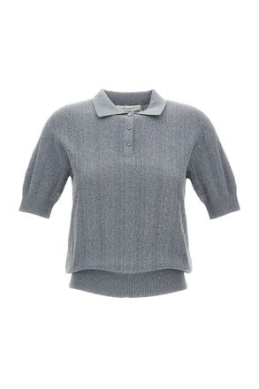 Lisa Yang Cropped Grey Wool Sweater with Polo Neckline and Ribbed Details