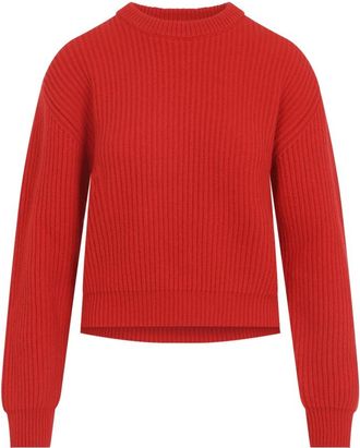 Jil Sander Geribde Gebreide Trui - Dames - Ronde hals truien - Rood - S - Wol - Truien & Vesten