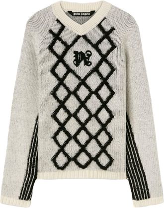 Palm Angels logo-embroidered argyle jumper - men - Polyamide/Acrylic/Wool/Alpaca Wool/Mohair - S - White
