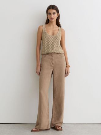 Reiss Taupe Neutral Lyocell-linen Wide-leg Trousers, 14