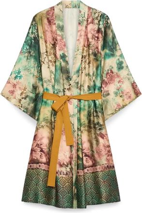 Fiorella Rubino Kimono met print en ceintuur - Dames - Kimonos - Groen - XS - Overhemden