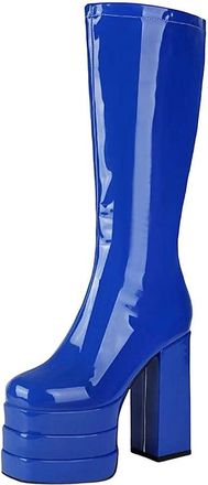 Generic Womens Glossy Patent Leather Knee High Boots Double Layer Platform Thick Heel Side Zipper Height Increasing Long Booties