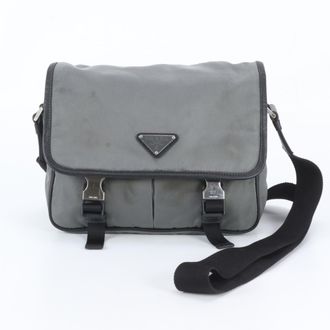 Prada Black Gray Leather Nylon Messenger Bag Shoulder Bag (Pre-Owned)