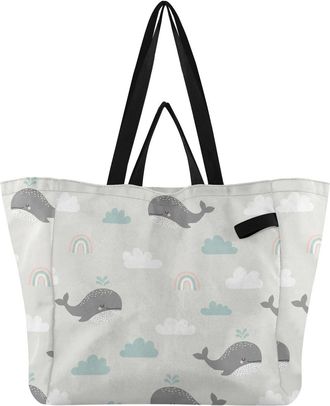 Generic Cute Whales Clouds White pattern Reusable Canvas Tote Bag, Heavy Duty Grocery Shopping Bag with Double Handles Hard Bottom Large Capacity Work Groceri