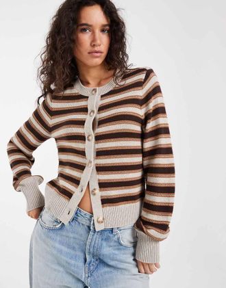 Abercrombie & Fitch cardigan lavorato a maglia girocollo a righe marroni e crema-Bianco