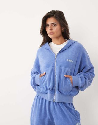 KAIIA Felpa con cappuccio oversize in spugna misto cotone con logo ricamato blu fiordaliso in coordinato
