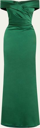 Teri Jon Ruched Off-Shoulder Stretch Gown