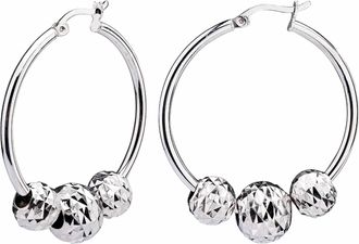 Gold & Honey Womens Diamond Cut Beads High Polish Click Top Hoops Earrings In Silver
