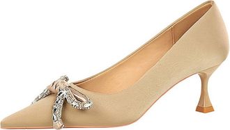 Generic Strappy Heels for Women Bowknot Pointed Stiletto Medium Heel Satin Single Shoes Wine Glass Heel Womens Single Shoes Womans Shoes Size 5 (Beige, 5.5)