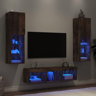 vidaXL Vidaxl - Muebles Tv Pared Con Led 5 Pzas Madera Ingenier&iacute;a Roble Ahumado