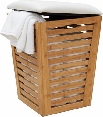 Relaxdays Relaxdays bathroom laundry basket with seat & storage, 55 l hamper, HxWxD 56x40x40 cm, bamboo & fabric, natural/cream