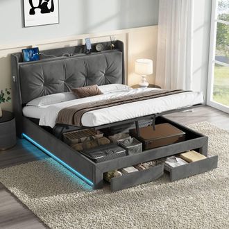 Merax Grey Velvet 4ft6 Double Ottoman Storage Bed Frame with LED & Drawers